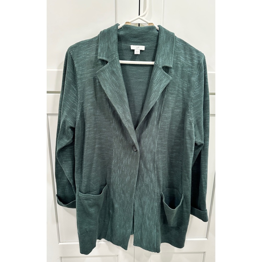 J. Jill Knit Blazer Jacket Open Front Pockets Career Casual Green LP